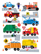 Trucks : Illustrations of trucks, cars, and road signs for licensing.