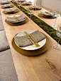 moss centerpiece. understated simplicity. mixing organic materials like moss, burlap, brass and mouth blown hand polished crystal glasses. by calvin klein 2014 diffa dining by design: