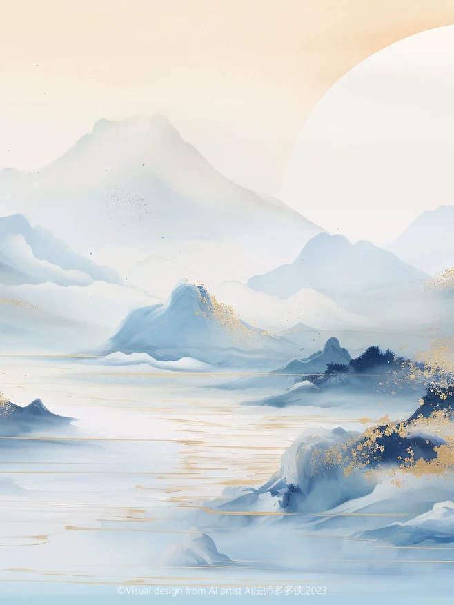 东方美学-鎏金粉蓝|新中式国风山水抽象插画