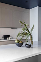 To create a sense of separation between the home's functional and communal areas, the architect decided to paint the adjacent kitchen navy blue.