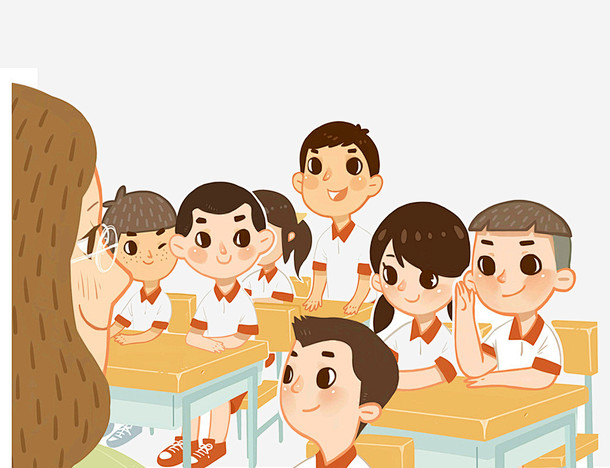 上课听讲的学生们高清素材 上课听讲 卡通 发言 学生 教室 老师 课堂 课桌 免抠png 设计图片 免费下载
