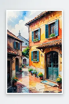 手绘油画老房子四合院插画-众图网