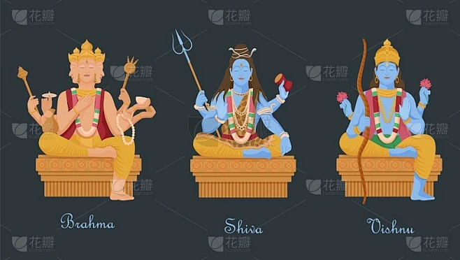 印度教的诸神毗湿奴、湿婆、梵天。三个主要的印度神创造了宇宙。素材-花瓣网