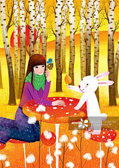 青春年少唯美插画系列-和兔子玩耍的女孩创意图片素材 - Shijue Select RF