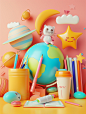 3D kawaii style background school planet, items