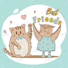 手画可爱的动物与字母。心形猫，穿着带圆点蓝色裙子和靴子的猫头鹰。最好的朋友。向量。