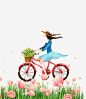 手绘小女孩在花丛中骑车