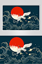 海浪时尚高端大气蓝国潮风仙鹤插画