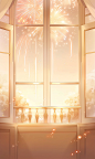 An empty window with a window view and fireworks, in the style of light orange and light gold, romantic illustrations, light and airy, chen zhen, light gold, airy and light