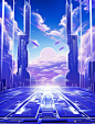 the cityscape with an abstract sky and blue sky, in the style of neon-infused digitalism, light violet and white, hall of mirrors, animecore, atompunk, die brücke, cartelcore