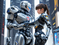   ((best quality)), ((masterpiece)), ((ultra-detailed)),  (detailed light), (an extremely delicate and beautiful), a robocop and a girl shake hands,Clear facial details and clear hands,Cyberpunk