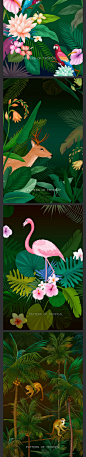 自然火烈鸟植物背景鹿草丛林树林叶子插画插图PSD素材海报设计_2124088423