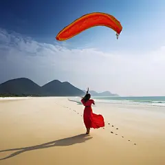 (4/4)一个年轻的女孩在海滩上放飞风筝，以阿拉斯泰尔·马格纳尔多、马拉纳奥艺术、红色和琥珀色、国家地理照片、邝鸿、Flickr、宁静和和谐的风格出现(AI绘图来自WeDraw.art)