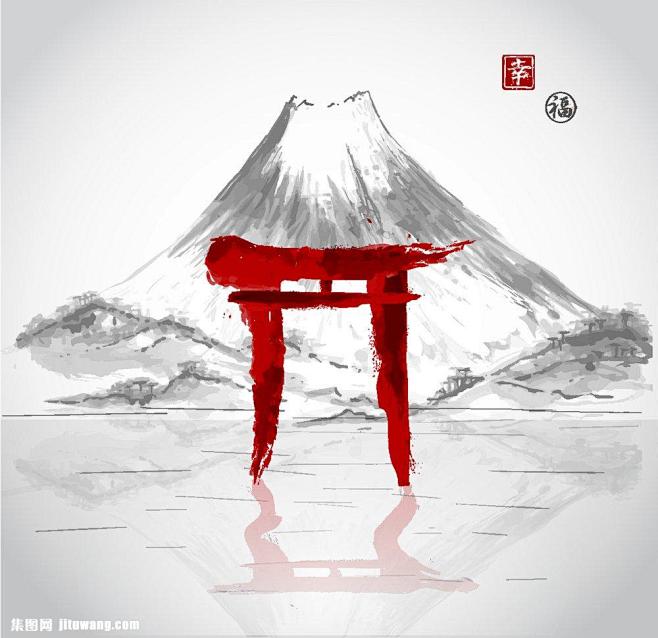水墨富士山鸟居图片素材