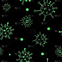 病毒和细菌模式。无缝的背景。绿色手绘插图。微生物载体细菌细胞黑色背景。