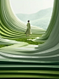 kyun joo 'bloom' art direction / design, in the style of rendered in cinema4d, expansive landscapes, light green, surreal human figures, sinuous lines, vincent callebaut, abstract minimalism appreciator --ar 58:77 --q 2 --s 750 --v 5