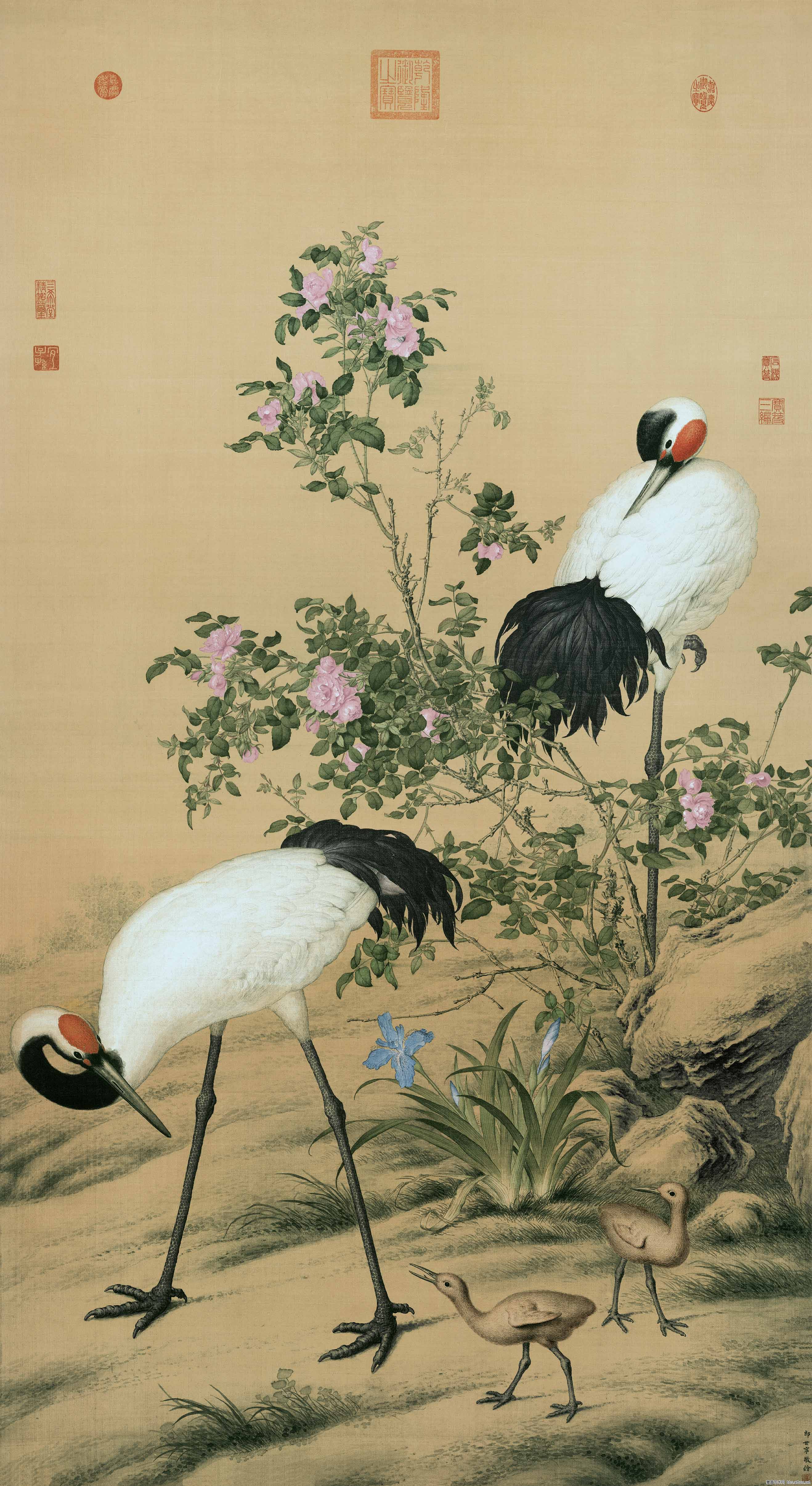 日出雙鶴圖 花卉《双鹤图》郎世宁