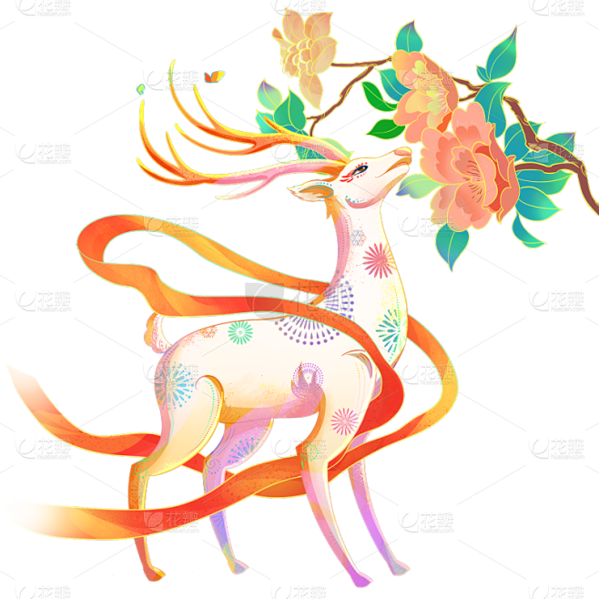 手绘-中国风动物插画贴纸-鹿
