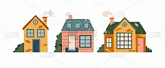 卡通小屋。手绘家居立面与纹理正面，可爱明亮的联排别墅和乡村家庭住宅集合，房地产现代设计平面矢量孤立插