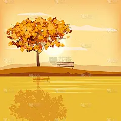 秋天的景观树乡村景色室外黄红色棕色的叶子叶子秋天日落心情全景河流湖泊倒影长凳。矢量孤立海报横幅