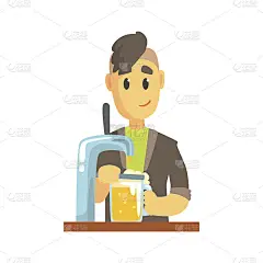 男调酒师角色站在吧台前倒啤酒，男调酒师在工作时卡通矢量插画