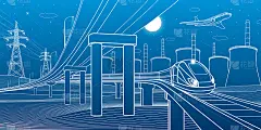 概述公路桥。汽车天桥。火车。城市基础设施和交通图解。城市场景。矢量设计艺术。蓝底白线