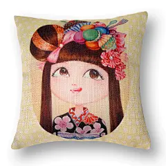 抱枕靠垫 原创插画油画 和风娃娃甜蜜马卡龙 麻布抱枕45X45cm 含芯__抱枕_家居用品_我的手艺网 #手工# #布艺# #抱枕# #家居# #原创#
