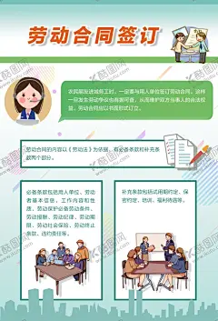 劳动合同签订海报 【酷图网】创业致富海报,农业科技海报,科普知识,外出务工人员,劳动合同签订,劳动纠纷,证据材料,劳动争议,解决方式,外出就业条件,用人单位,不得擅自解除,卡通人物,漫画务工人员,农民工维权,公益海报,卡通农民工,漫画农民工,劳动合法权益,劳动协议,工伤,劳动法,劳动合同法,企业合同