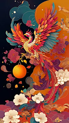 中国风凤凰插画壁纸，凤凰于飞，羽翼生辉