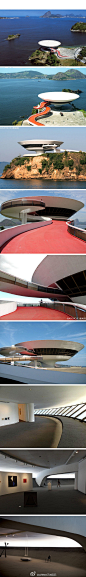 【奥斯卡·尼迈耶:尼泰罗伊当代艺术博物馆】在巴西里约热内卢，这座圆形的建筑于1996年落成，由建筑大师 Oscar Niemeyer主持设计。一根直径29.5英尺的圆柱体支撑着整个建筑，圆屋顶直径达50米，远远看去就像一个UFO漂浮在海上。