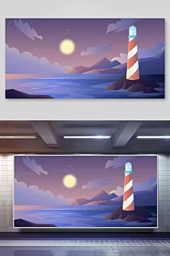 海上升明月手绘风景插画