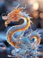 中国十二生肖龙，水晶动物中国龙，可爱的元素，良好的光泽，半透明，天蓝色和琥珀色风格，干净的背景，3D渲染，OC渲染，最佳质量，4K，超级细节，工作室照明--ar 3:4-s 250--v 6.0