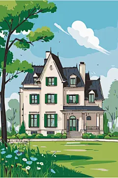 卡通手绘别墅插画
