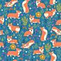 This may contain: an image of a pattern with corgis and flowers on the blue background for wallpaper