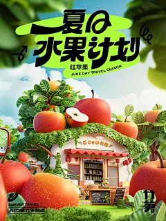 今天分享的是一个夏日水果题材用的海报，创意点是运用不同的水果装饰做店铺的特色店铺，分别运用了各种水果榴莲荔枝、苹果、西瓜、香蕉、草莓作为元素进行店铺的特色点进行设计，进行设计创意海报。以前运用3D做法非常慢，需要好几天，现在运用AI做创意可能只需要几分钟，大大提升了效率！
 
另外大家问的比较多的标题不是字体，是自己PS勾的字体设计。关键词分享在下面了，大家也可以自行修改关于水果关键词进行创意各种店铺！
 
关键词：3D rendering of a cartoon-style, cute and ado