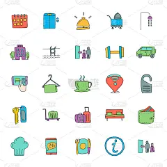 酒店手绘线性涂鸦孤立的白色背景。酒店图标设置为web和UI设计，移动应用程序和打印产品