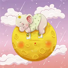 可爱的,象,卡通,时尚,艺术,矢量,月亮,举起手,女婴,睡觉