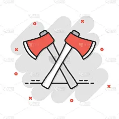 漫画风格的斧头图标。伐木工卡通矢量插图在白色孤立的背景。叶片飞溅效应的经营理念。