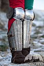 Medieval sca legal splint combat armor greaves with knee cop for sale. Available in: stainless, brown leather, black leather, brown natural suede, dark blue natural suede, black natural suede, red natural suede, burgundy natural suede, green natural suede
