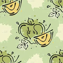 矢量水果无缝模式。苹果用树叶、装饰元素、斑点、水滴、飞溅手绘等高线和笔画素描风格，图形矢量绘图插画