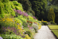 Footpath along a mixed border of flowers at Waterperry Gardens in Oxfordshire.