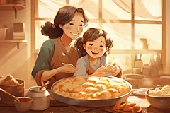 立冬冬至卡通一家人包饺子插画