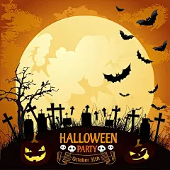 万圣节插图，上面画着月亮下城堡的轮廓，墓地十字架附近有枯树