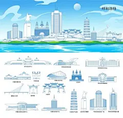 呼和浩特地标建筑矢量素材线稿