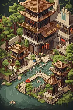 AI数字艺术像素风四合院建筑插画-众图网