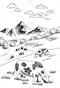 奶牛在山上吃草图形黑白垂直素描插图矢量