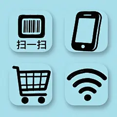 手绘插画风格设计，一组四个规整排布的极简风格图标，整体采用淡蓝色单一纯色背景，每个图标元素清晰可辨，保持高度视觉简洁度和识别性，四个图标在画面中呈2x2网格均匀分布，形成协调的系列素材集合。第一个图标为"扫码"图标，包含黑色的方形扫描框和内部条形码图案，下方有"扫一扫"文字；第二个图标为"手机"图标，采用相同粗细的线条勾勒出智能手机的轮廓，屏幕区域为纯色填充；第三个图标为"购物车"图标，以粗线条绘制出经典的购物车造型，包含车轮和车筐；第四个图标为"网络"图标，使用线条描绘Wi-Fi信号图案。图标设计具有清