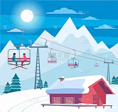 冬季雪景滑雪场，升降机，缆车，红屋积雪的屋顶，阿尔卑斯山，冷杉树，自然和冬季山脉景观。阳光明媚的天气