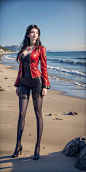  On the beach, a beautiful woman, long hair, full body, standing, upper body wearing a suit, lower body wearing black stockings, feet in red high heels (round at the knee), waiting for someone, high cold royal sister , (big breasts:1.49), 1girl