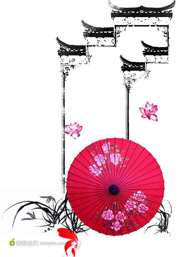 中式元素房地产广告素材-牌坊和红色古典纸...